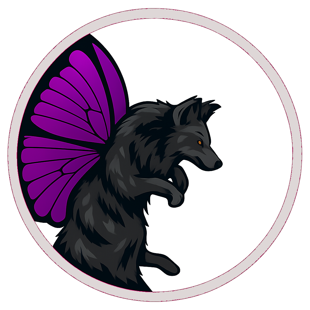 Schwarzer Wolf mit lila Schmetterlingsflügeln auf weißem Hintergrund.