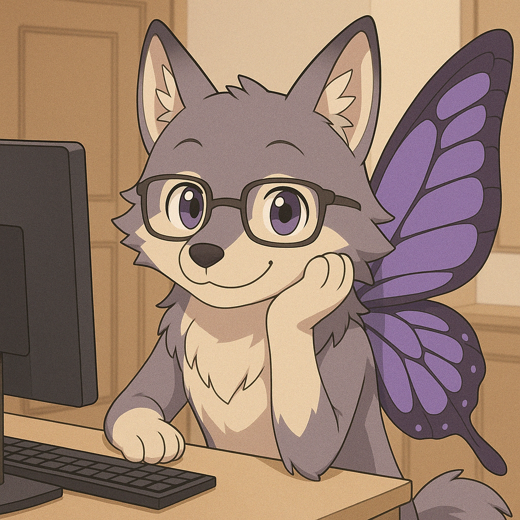 Cartoon eines freundlichen Wolfs mit Brille und lila Schmetterlingsflügeln am Schreibtisch mit Computer.