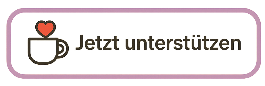 Symbol einer Kaffeetasse mit rotem Herz und Text „Jetzt unterstützen“.