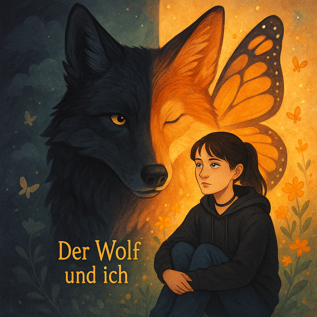 Illustration eines Wolfes und eines Mädchens vor geteiltem Hintergrund mit dunklem Wald und leuchtenden Schmetterlingen, Schriftzug „Der Wolf und ich“