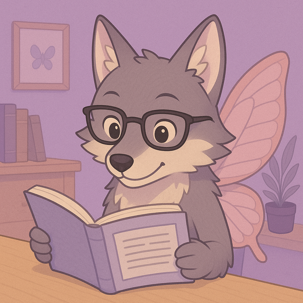 Freundlich gezeichneter Wolf mit Brille und Schmetterlingsflügeln sitzt an einem Tisch und liest in einem Buch. Der Hintergrund ist lila und zeigt Bücher, eine Pflanze und ein gerahmtes Schmetterlingsbild.