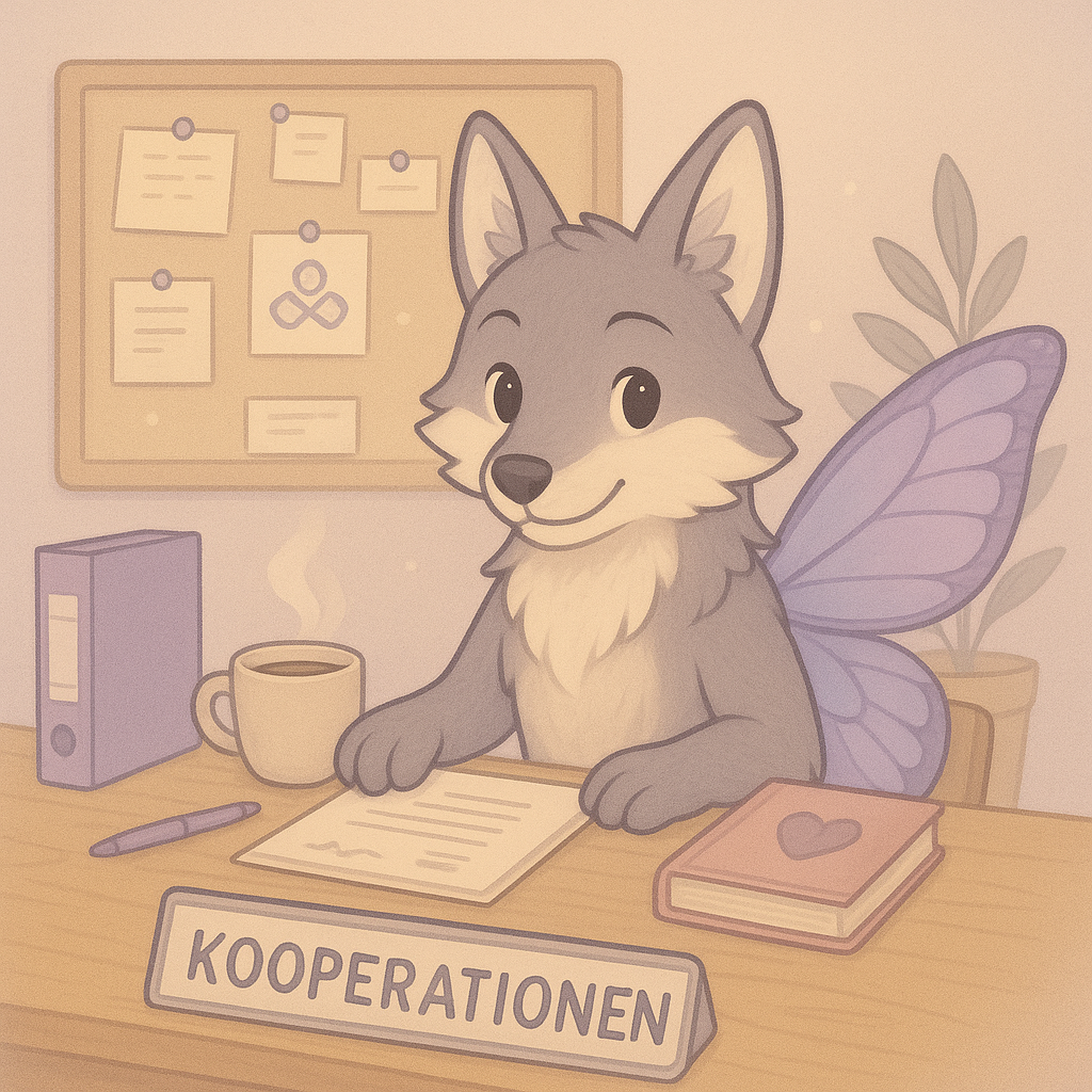 Freundlicher Wolf mit lila Schmetterlingsflügeln sitzt am Schreibtisch mit Kaffeetasse, Dokument und Schild „Kooperationen“.