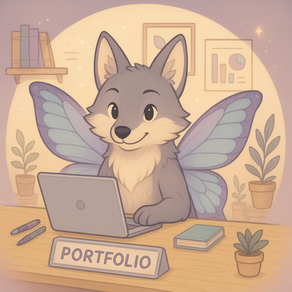 Freundlicher Wolf mit blauen Schmetterlingsflügeln sitzt am Schreibtisch mit Laptop, Namensschild „Portfolio“ und Pflanzen im Hintergrund.