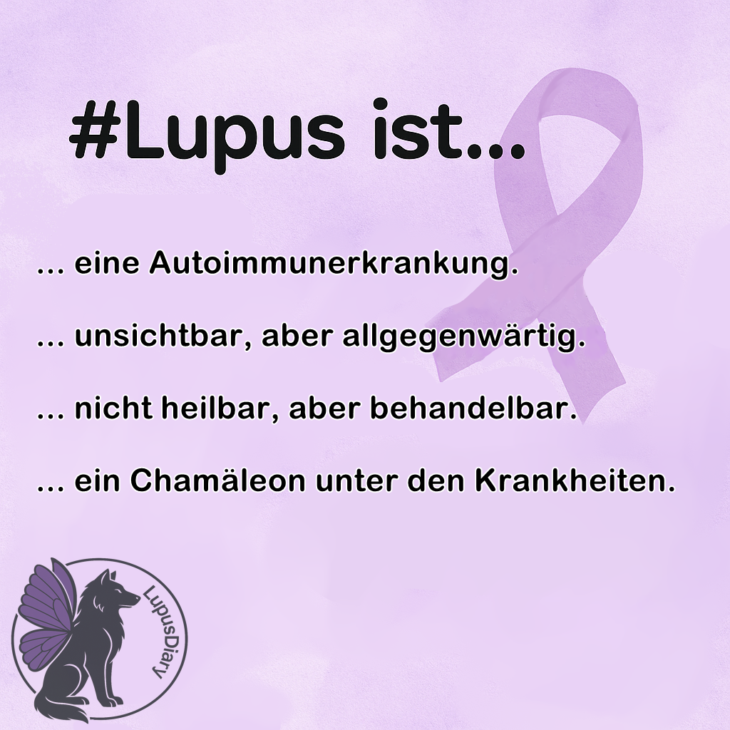 extgrafik mit dem Titel „#Lupus ist…“ und vier Aussagen über Lupus, daneben ein lila Band für Lupus-Bewusstsein und unten links ein Wolf mit Schmetterlingsflügeln als Logo von LupusDiary.