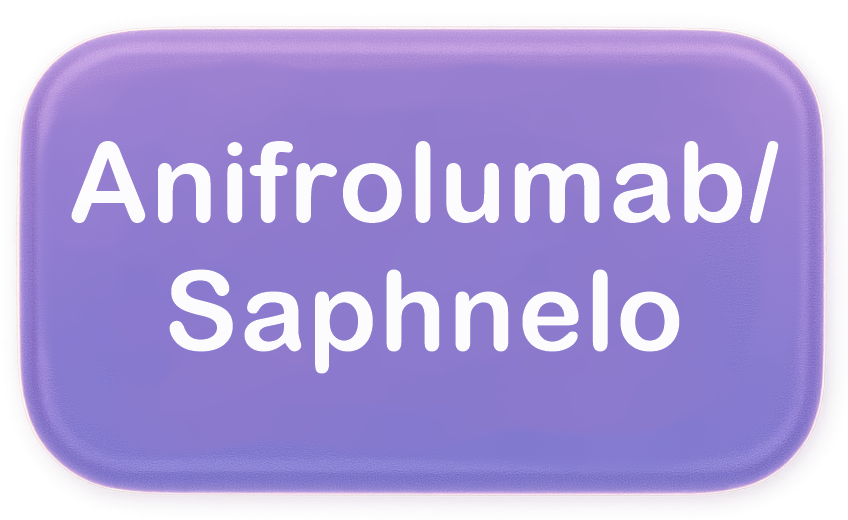 Lila Button mit weißem Text: „Anifrolumab / Saphnelo“.
