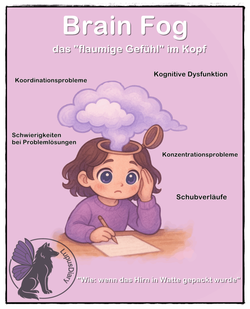 Illustration eines Mädchens mit geöffnetem Kopf, aus dem eine Wolke aufsteigt. Um sie herum stehen Begriffe wie „Kognitive Dysfunktion“ und „Konzentrationsprobleme“.