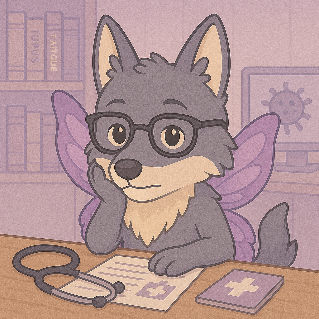 Ein gezeichneter Wolf mit lila Schmetterlingsflügeln und Brille sitzt an einem Schreibtisch. Vor ihm liegen ein Stethoskop, ein Krankenblatt und ein Notizbuch mit einem Kreuzsymbol. Im Hintergrund sind ein Monitor mit einem stilisierten Virus und Bücherregale mit den Titeln ‚Lupus‘ und ‚Fatigue‘ zu sehen. Der Wolf symbolisiert die Kategorie ‚Erkrankungen‘ auf LupusDiary.