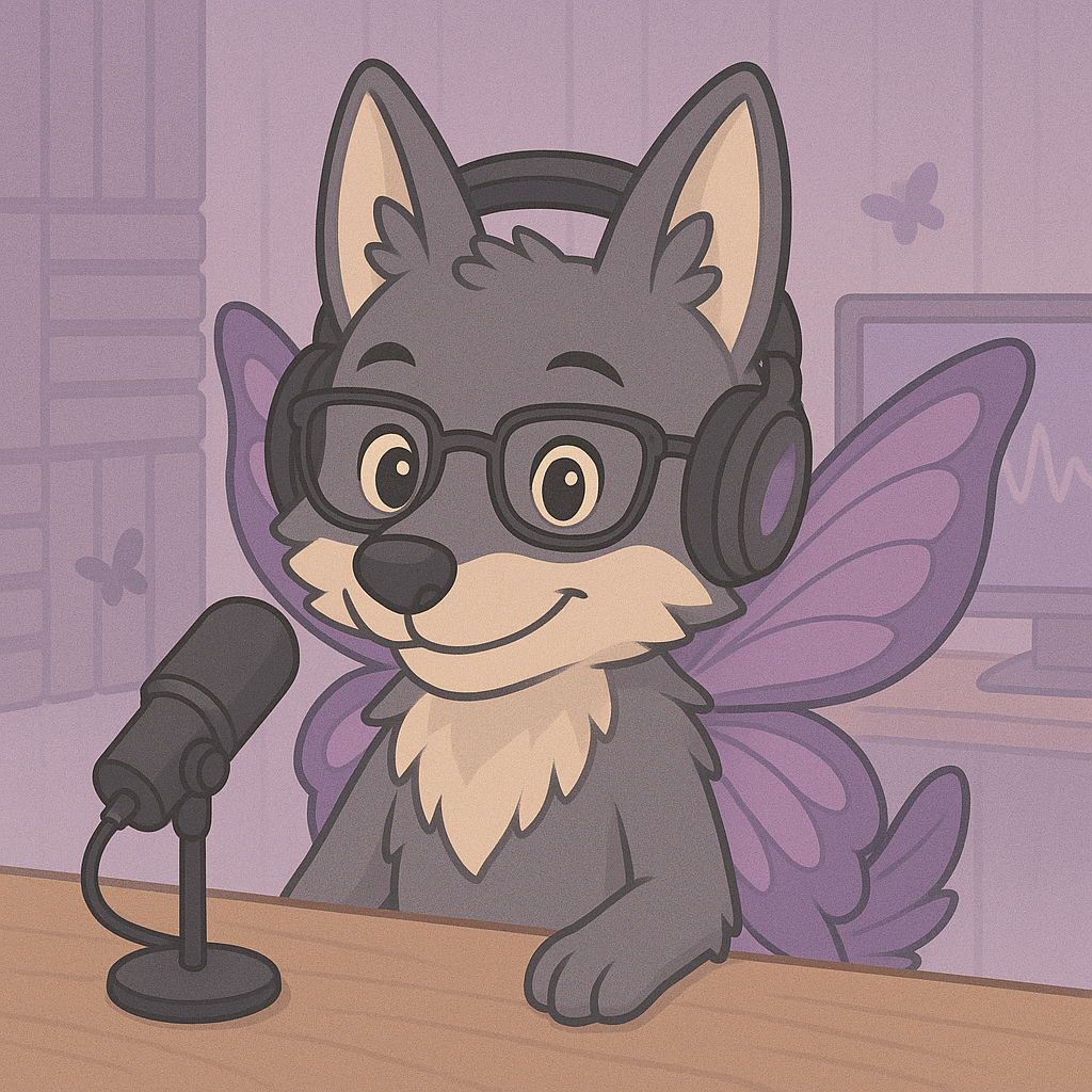 Gezeichneter Wolf mit Schmetterlingsflügeln, Brille und Kopfhörern sitzt vor einem Mikrofon im Podcast-Studio.