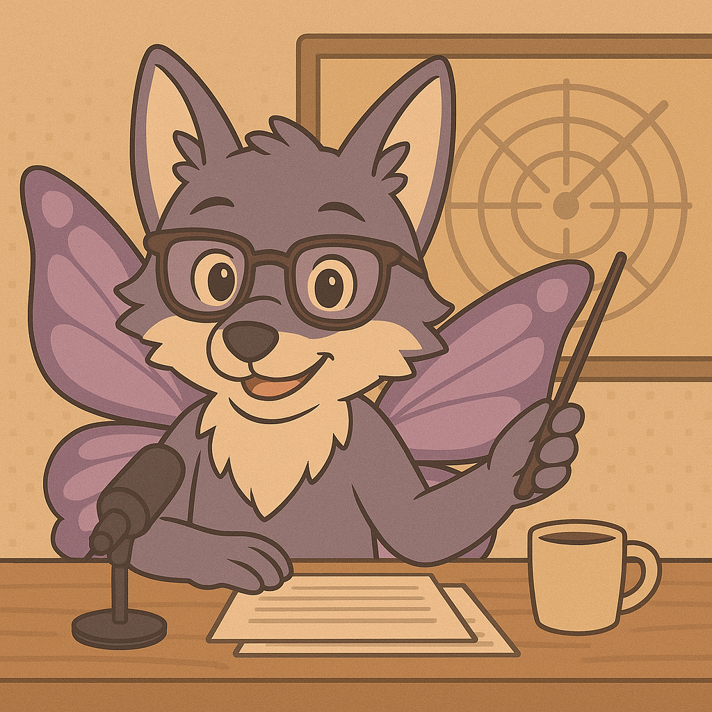 Ein gezeichneter Wolf mit lila Schmetterlingsflügeln und Brille sitzt hinter einem Tisch mit Mikrofon, Notizzetteln und einer Tasse. Er hält einen Zeigestab in der Pfote und lächelt. Im Hintergrund hängt eine stilisierte Radarkarte. Der Wolf symbolisiert die Kategorie ‚WissensRadar‘ für aktuelle medizinische Entwicklungen auf LupusDiary.