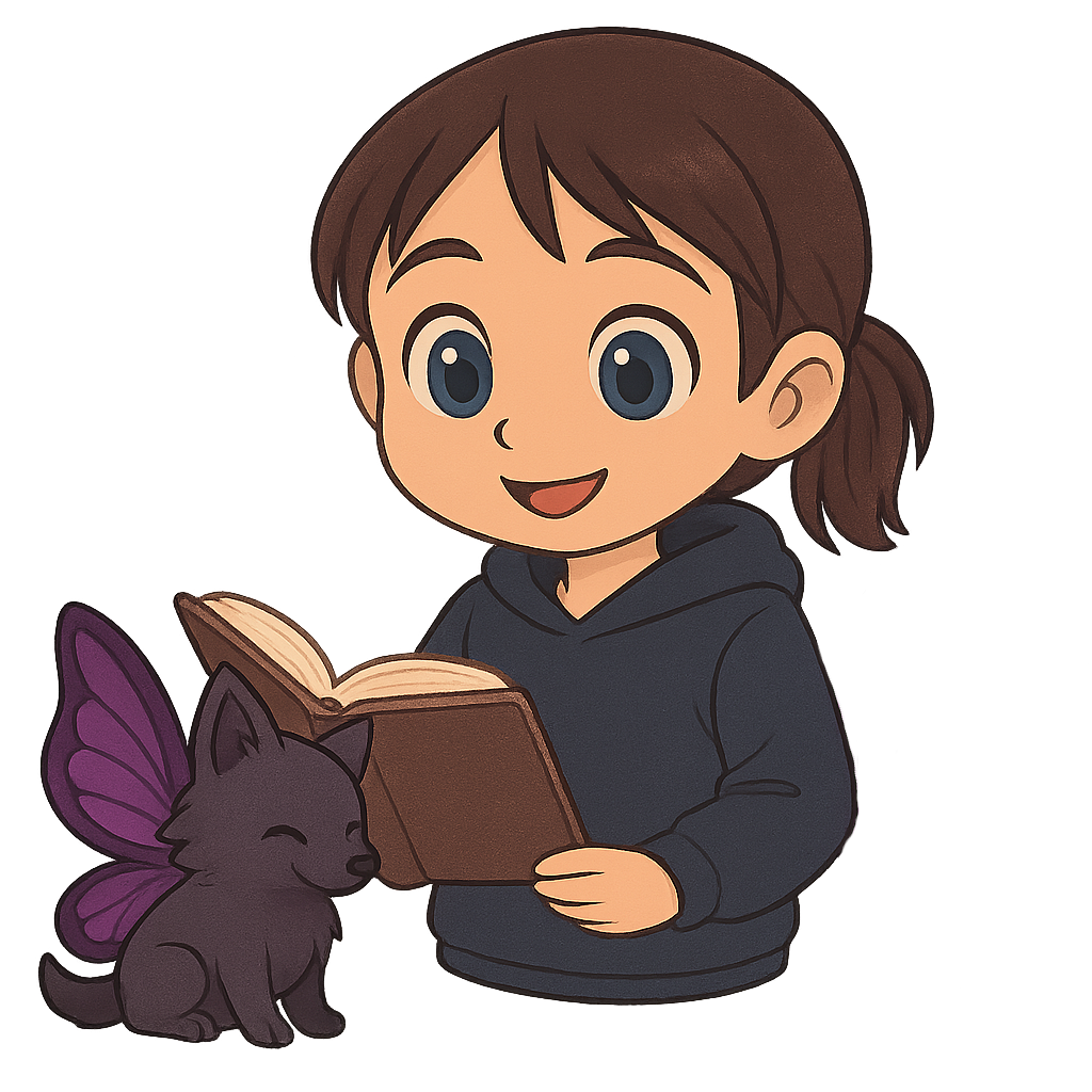Chibi-Mädchen im dunkelblauen Hoodie liest ein Buch, neben ihr sitzt ein kleiner dunkelgrauer Wolf mit lila Schmetterlingsflügeln.